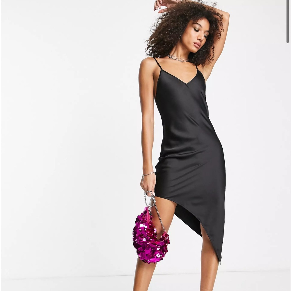 Flounce London asymmetric satin midi slip dress in black
